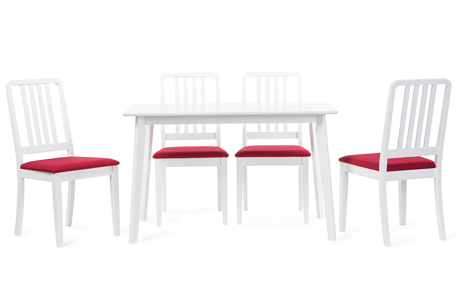 Baxton Studio Jasmine Mid-century Modern 5-Piece White Wood Dining Set with Red Upholstered Dining Chair - Dine in Style Store