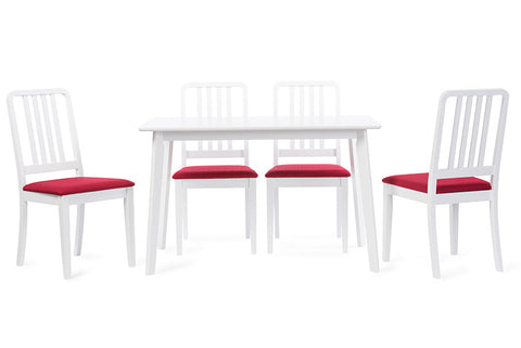 Baxton Studio Jasmine Mid-century Modern 5-Piece White Wood Dining Set with Red Upholstered Dining Chair - Dine in Style Store